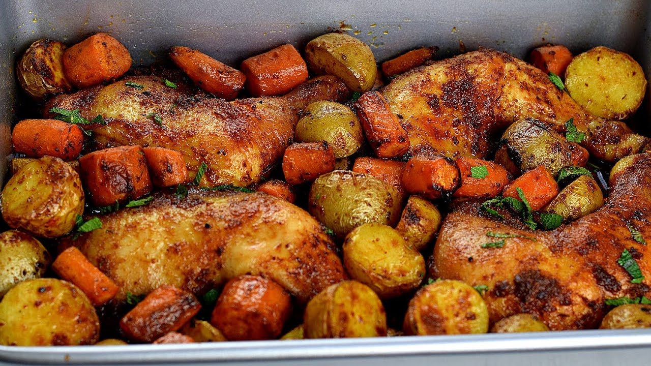 roasted potatoes and roasted chiken and vegetables